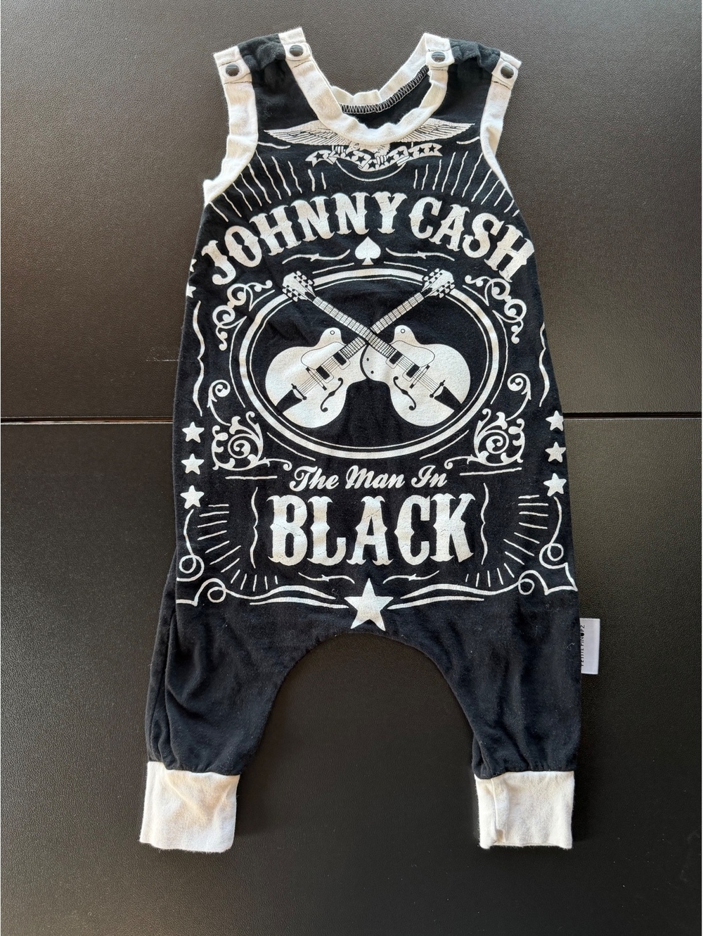 Petite Pin PZ Johnny Cash Baby Romper Man in Black Guitar Harem Jumpsuit